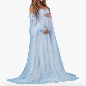 Elegant Blue Beaded Tulle Maternity Baby Shower Dress